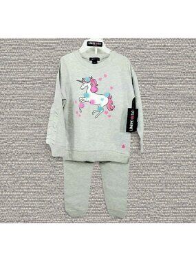 Limited Too 2 Piece Girls Size L 6 Sweatshirt Jogger Set Unicorn Gray Pom Poms
